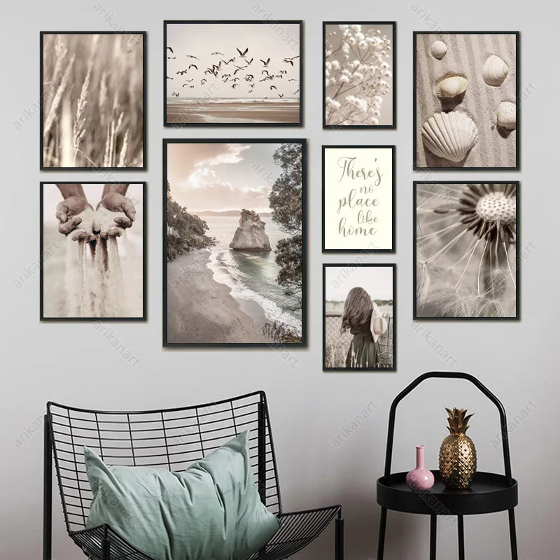 9-piece minimalist nature wall art set with beach botanical and inspirational prints in black frames