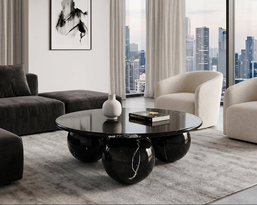 Nero Marquina-China Round Marble Coffee Table With Ball Legs - View 3