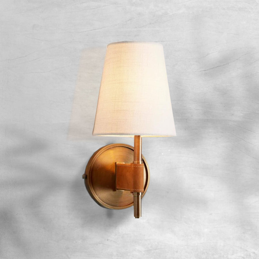 Antiqued Brass and Stitched Leather Linen Shade Wall Sconce