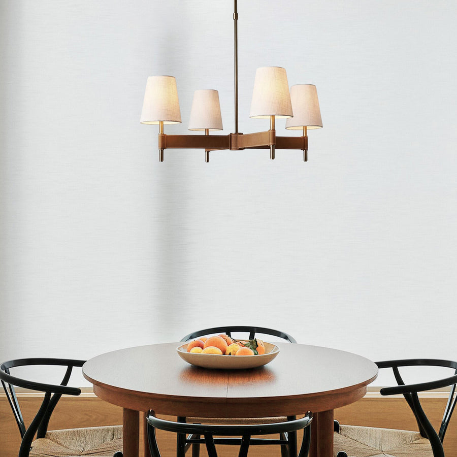 Antiqued Brass Chandelier with Stitched Leather Wraps