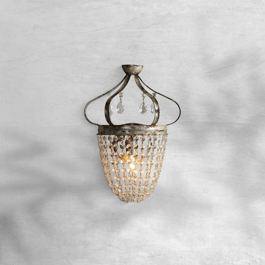 Antiqued Silver Iron Crown Crystal Wall Sconce