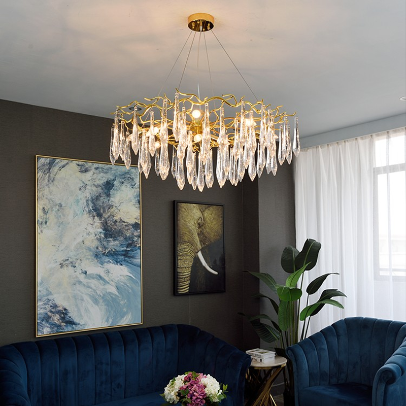 Branching Brass and Blown Crystal Cluster Chandelier