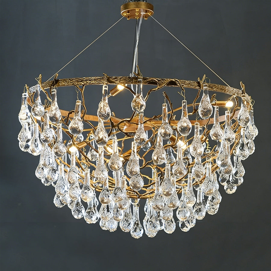 Branching Brass Chandelier with Glass Droplets