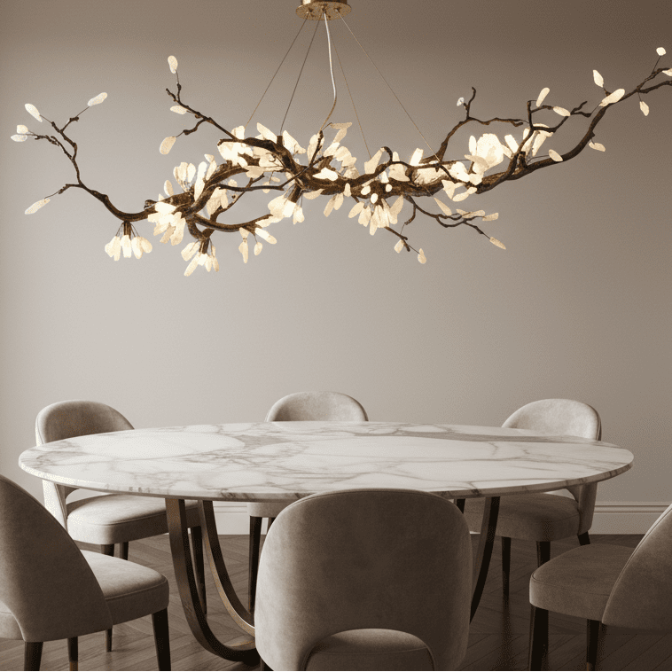 Branching Brass Chandelier with Selenite Blossoms