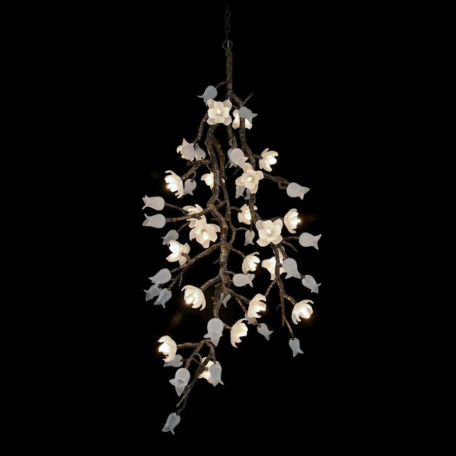 Branching Bronze and Frosted Glass Magnolia Chandelier