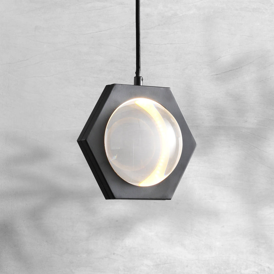 Crystal Sphere Pendant with Hexagonal Brass Frame