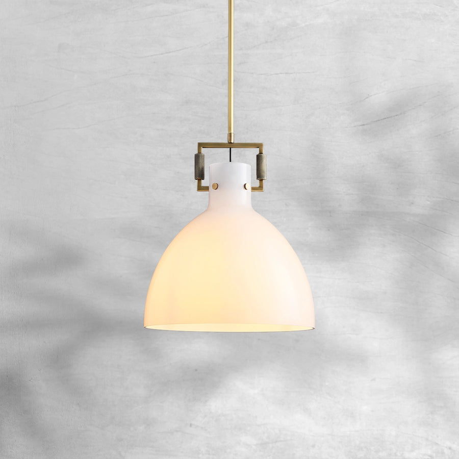 Domed Milk Glass Pendant with Knurled Brass Yoke