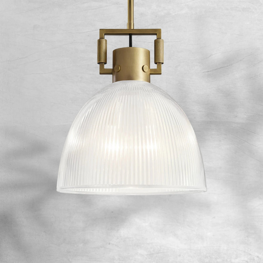 Domed Prismatic Glass and Brass Yoke Pendant