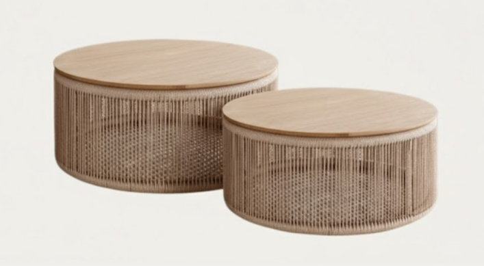 Duo mesas de centro madera maciza con jute - Main View