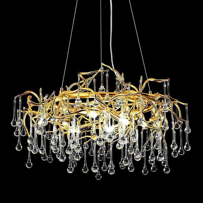 Gold Aluminum Branch Chandelier with Glass Raindrops