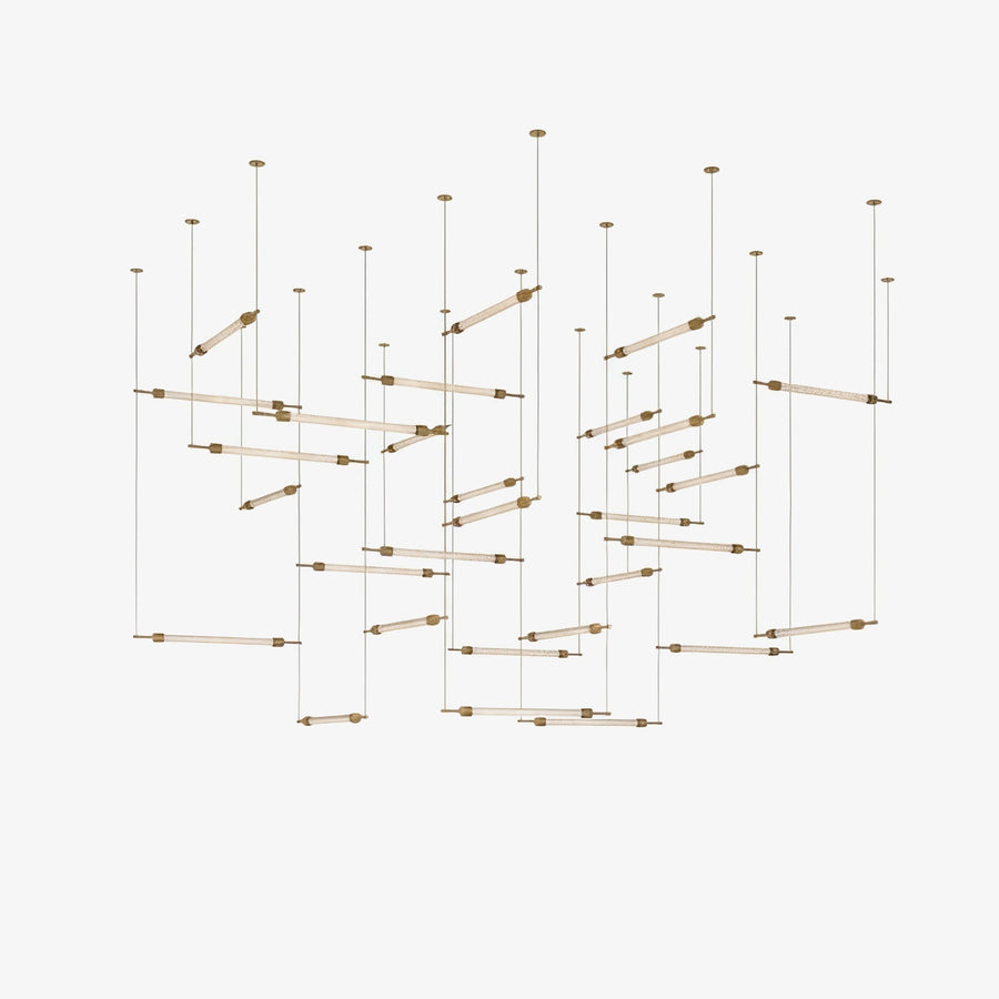 Gridded Crystal Glass and Gold Cubic Chandelier