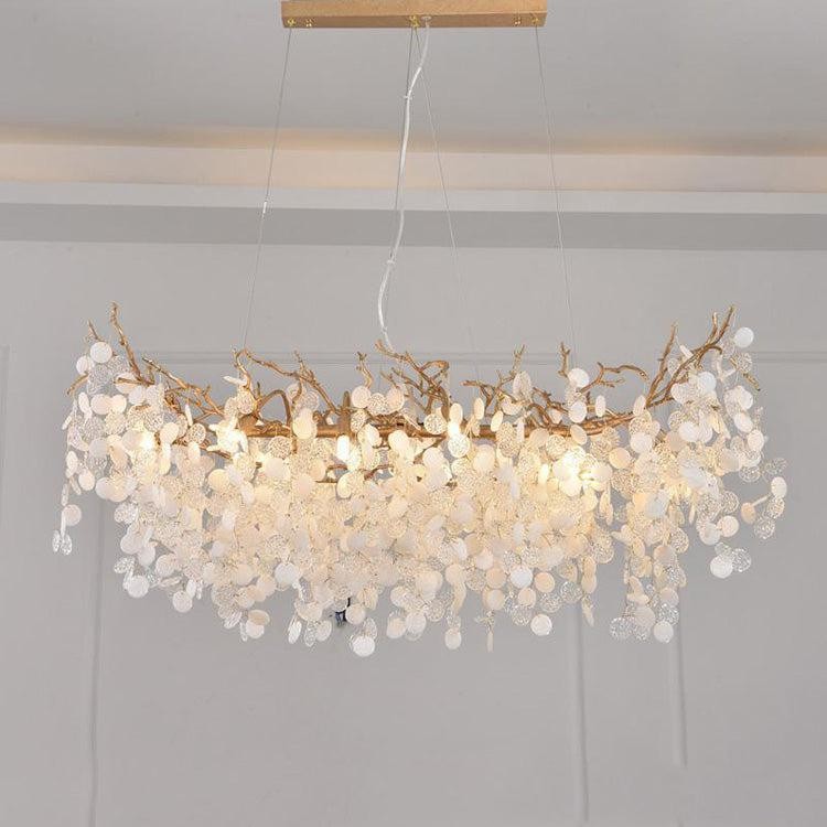 Hand Twisted Organic Brass Branch Chandelier with Coin Glass