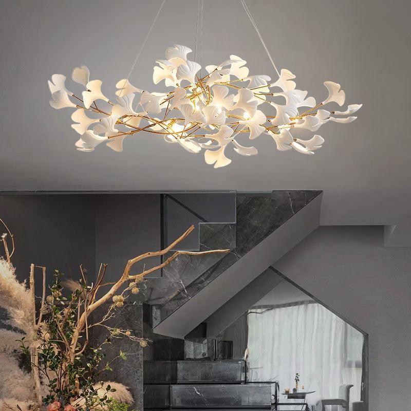 Linear Brass Branch Chandelier with Ceramic Ginkgo Leaves