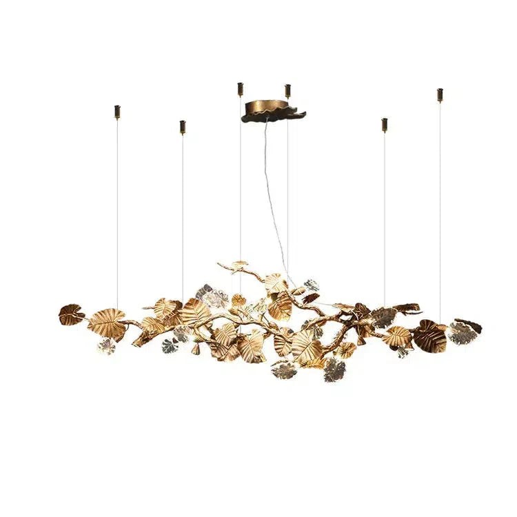 Linear Brass Leaf Branch Chandelier with Crystal