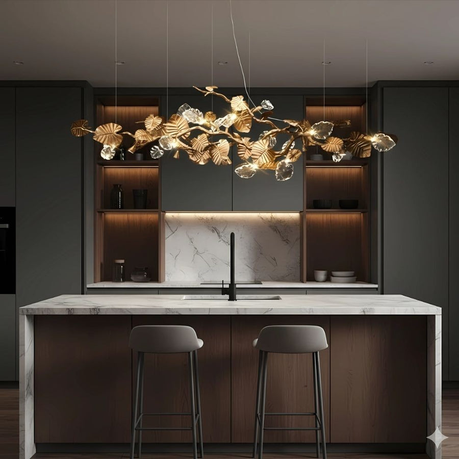 Linear Copper Branch and Glass Leaf Chandelier