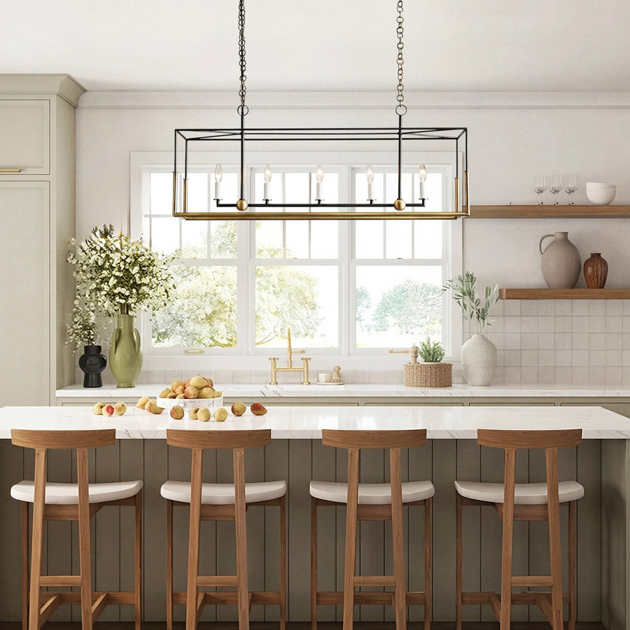Linear Open Iron Frame Brass and Black Chandelier