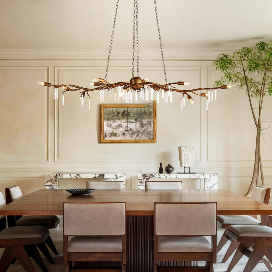 Linear Selenite Crystal Cluster Gold Iron Chandelier