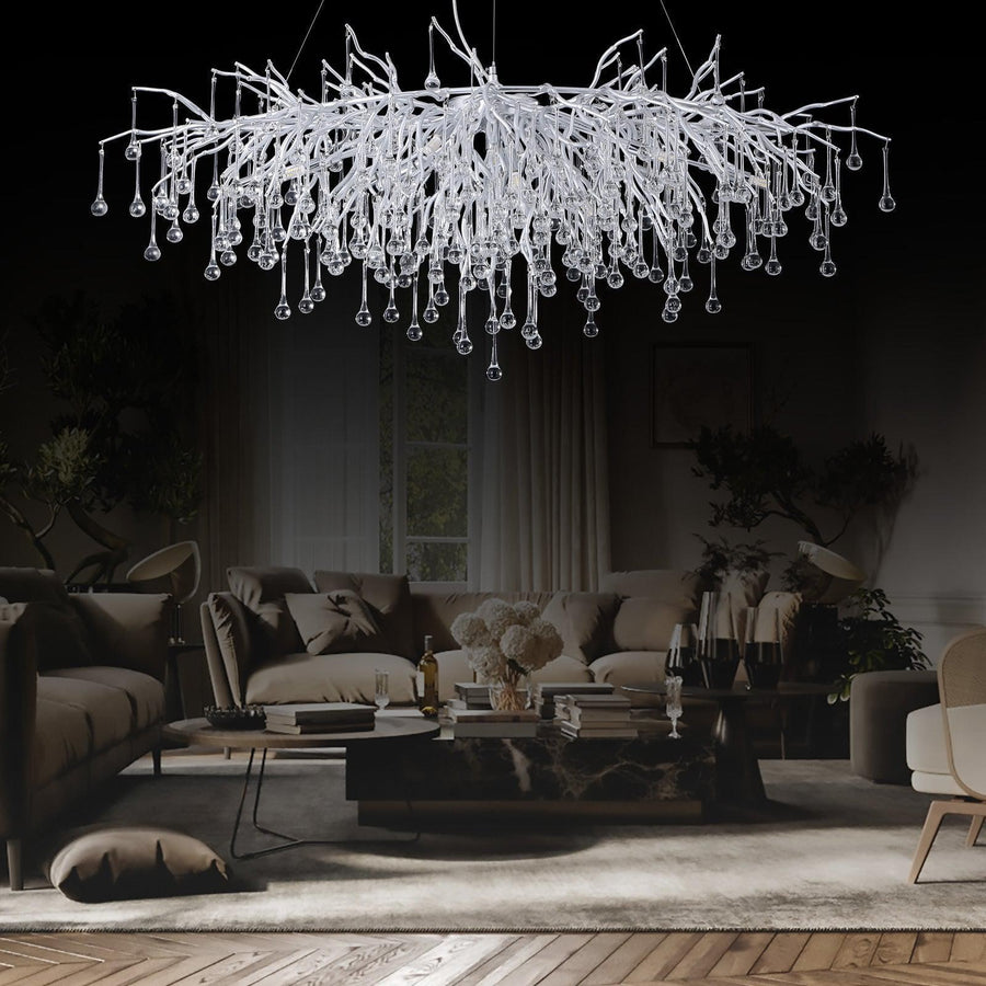 Linear Silver Branch Chandelier with Crystal Accents