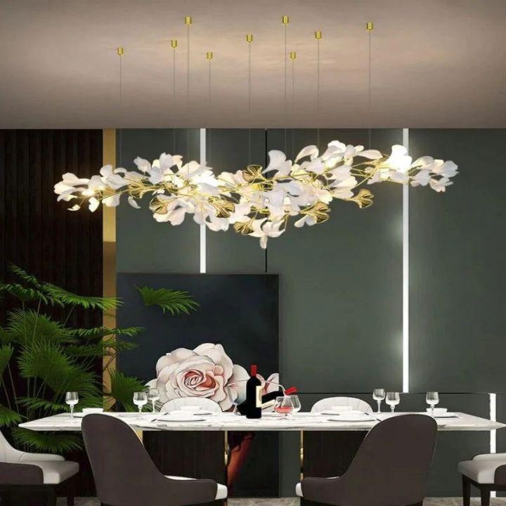 Long Golden Copper Branch Chandelier with Ceramic Ginkgo Leaves