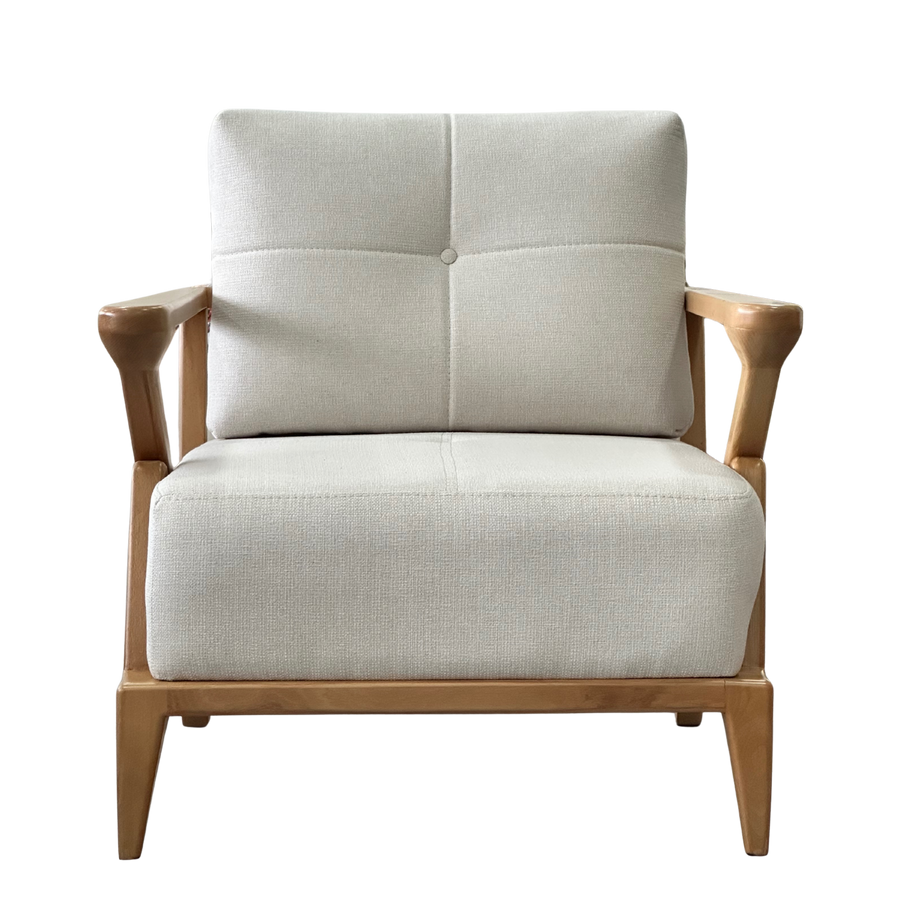 Mid-century armchair front view beige cotton linen