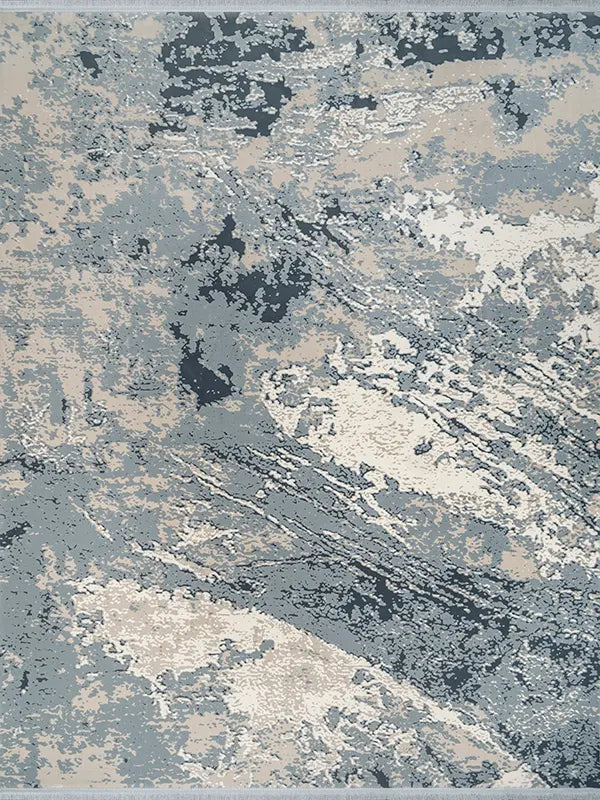 Modern abstract distressed area rug in layered blue beige and cream painterly pattern 2x3m