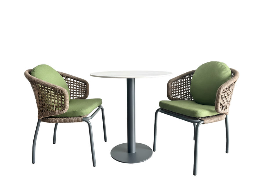 Modern outdoor bistro dining set aluminium rope chairs with green cushions and round table