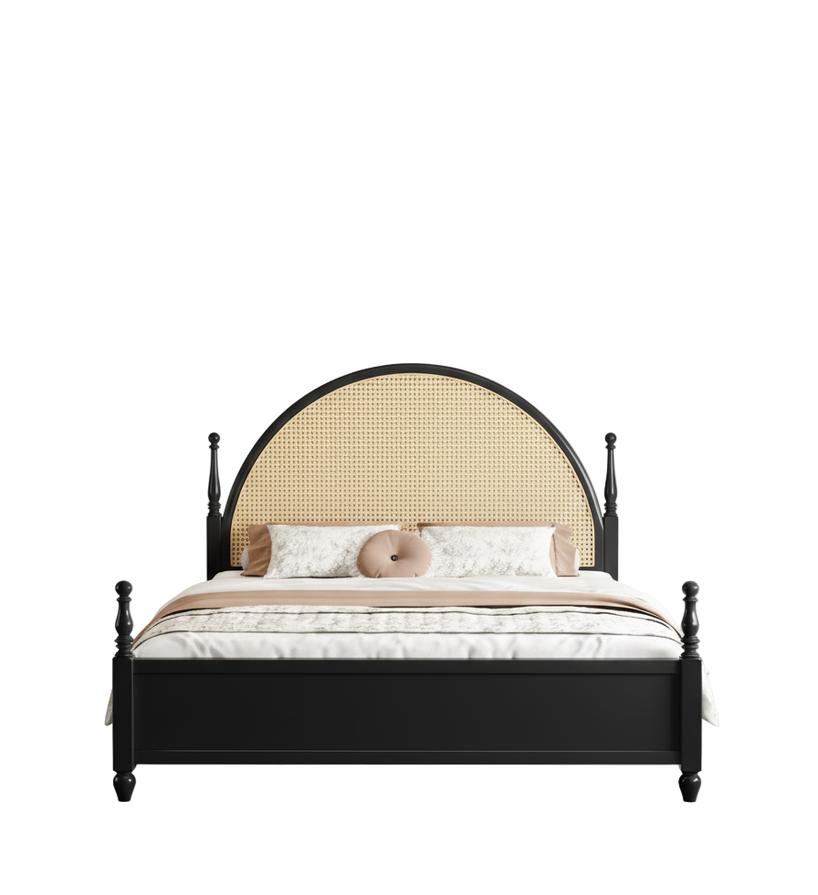 Bed with black frame and beige woven headboard on a white background