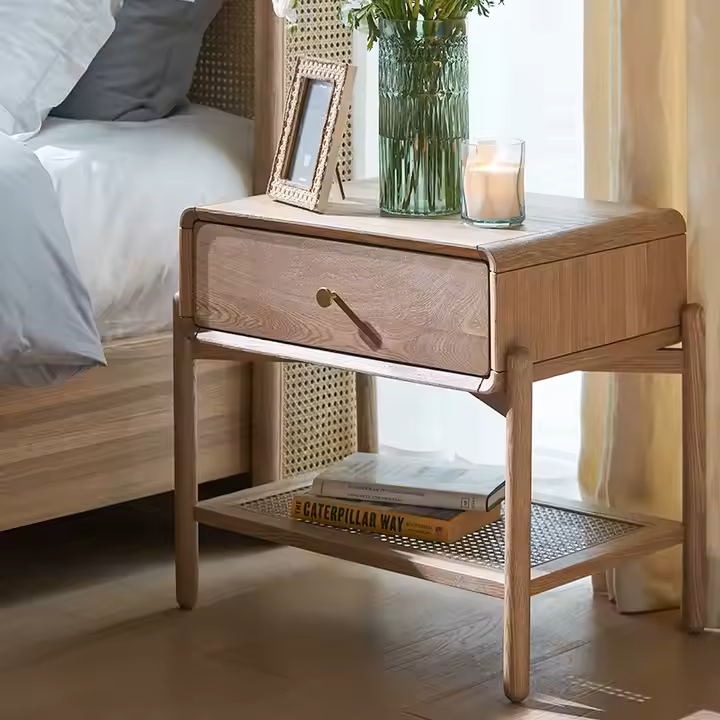 Modern Nightstand with Drawer & Cane Shelf - Main View