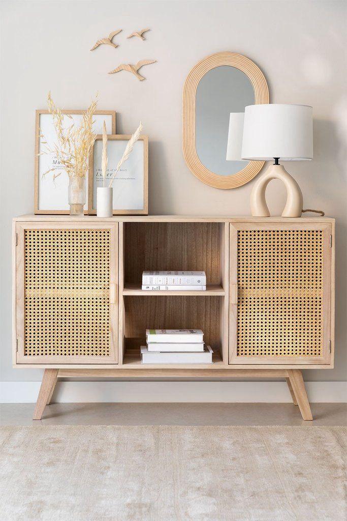 Modern Solid Teak Wood & Rattan Sideboard - Main View