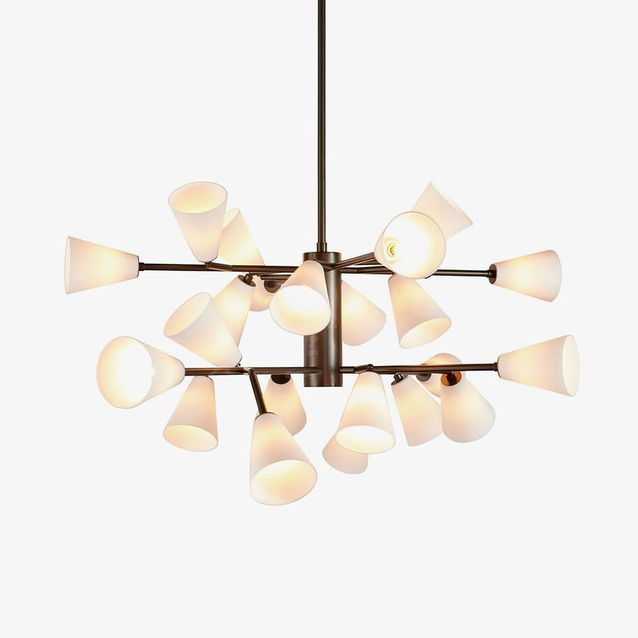 Radiating White Glass Cone Bronze Chandelier