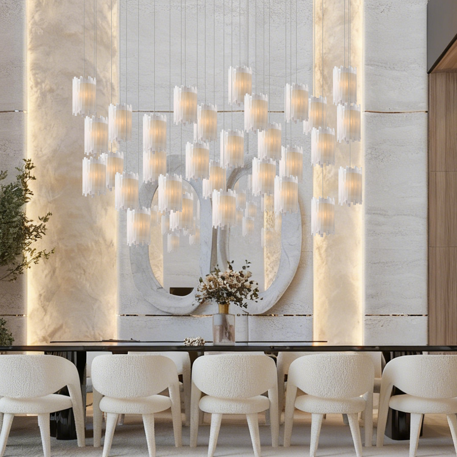 Rectangular Selenite Stone Cluster Chandelier with Silver Cables
