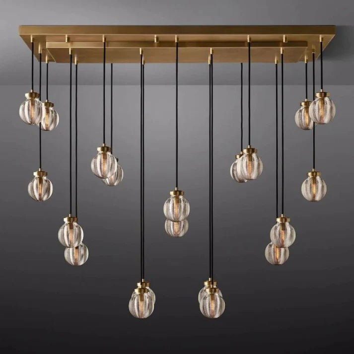 Rectangular Textured Glass Sphere Cluster Brass Chandelier