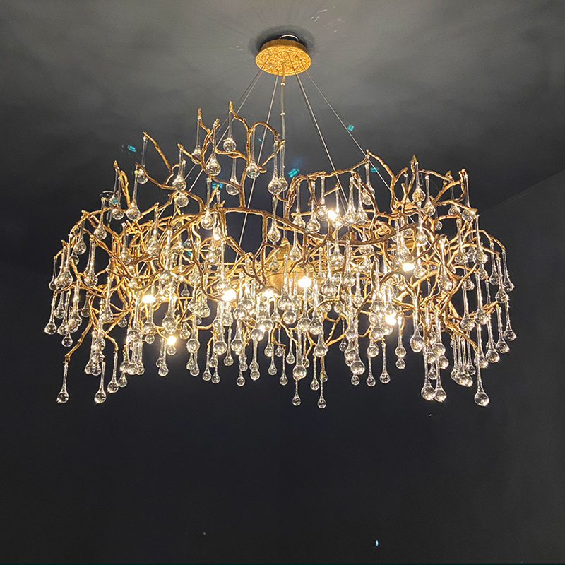 Round Branching Crystal Bead and Leaf Chandelier
