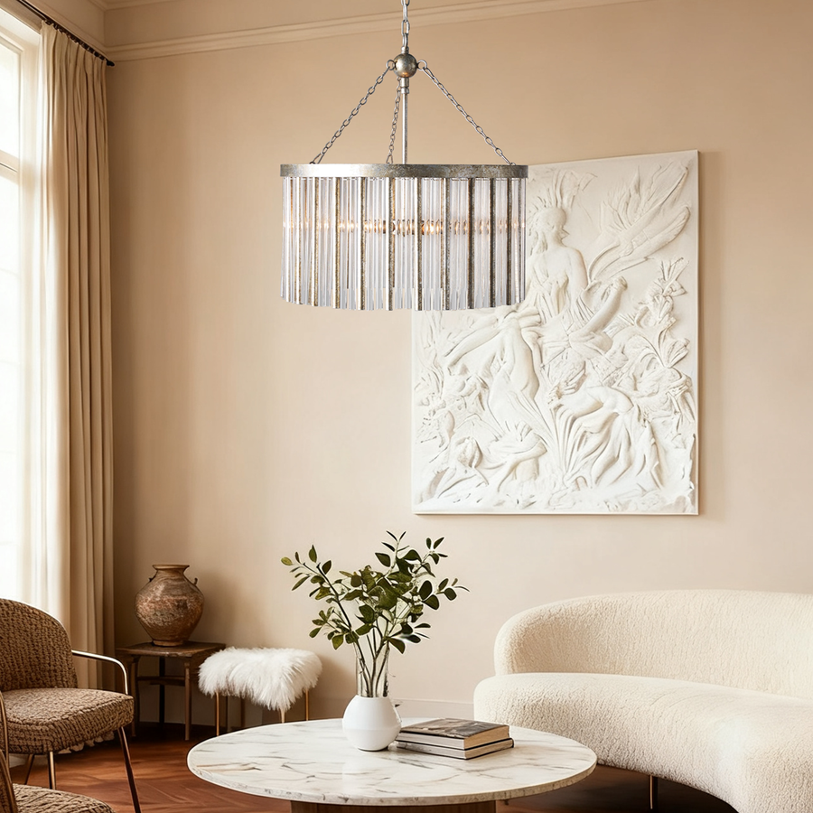 Round Crystal Cluster Chandelier with Antique Silver Iron Frame