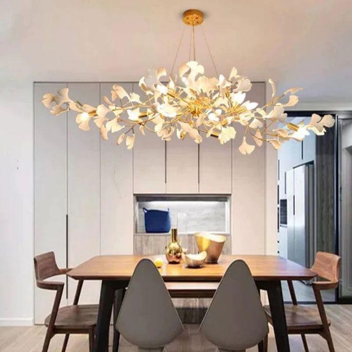Slender Copper Branch Chandelier with White Ceramic Ginkgo Leaves