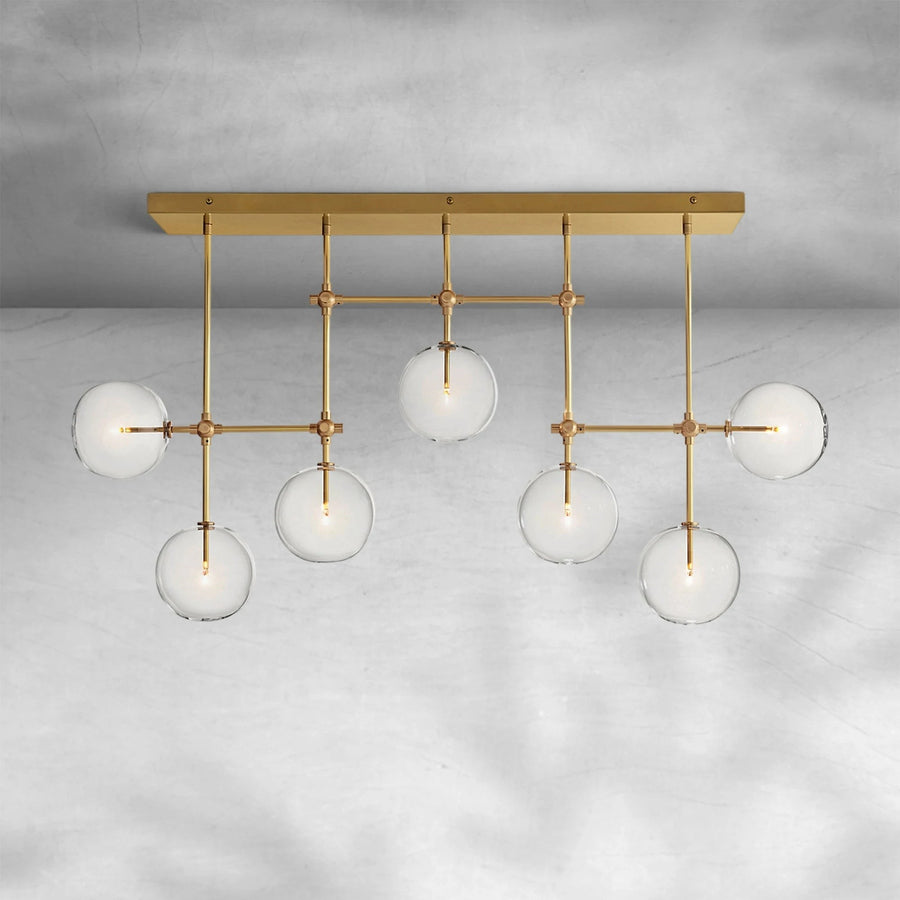 Slim Brass Linear Chandelier with Clear Glass Globes