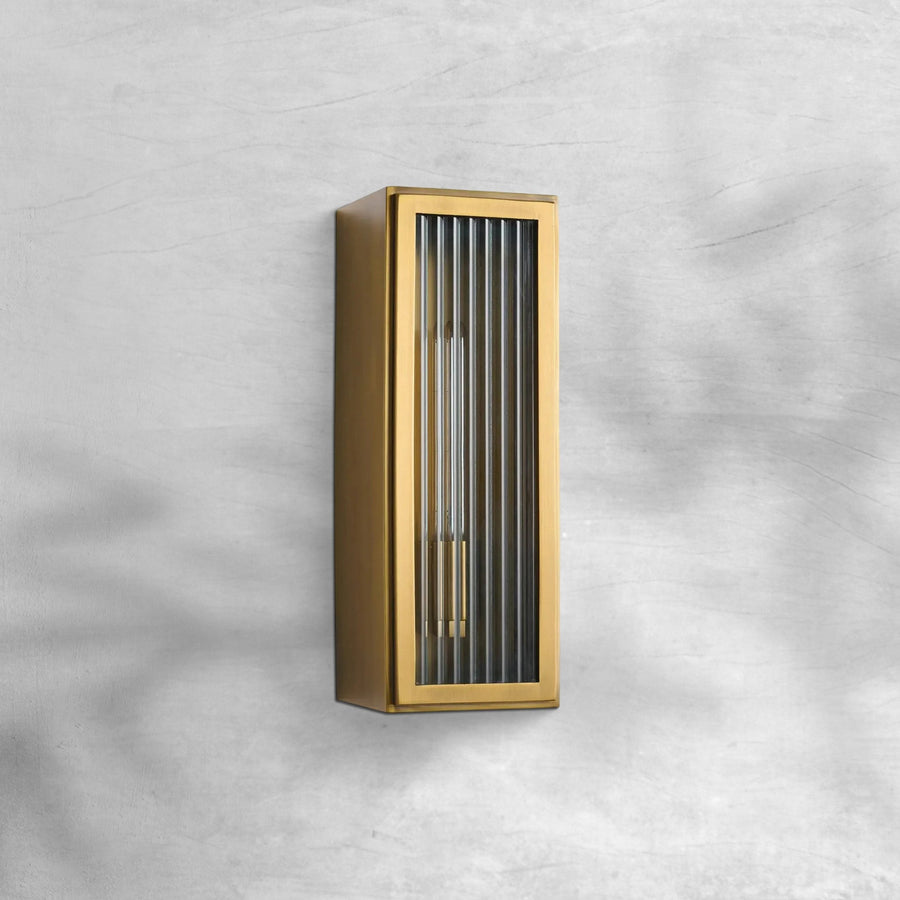 Slim Fluted Glass and Brass Outdoor Wall Sconce
