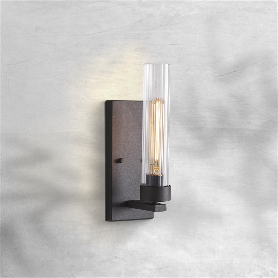 Slim Steel Wall Sconce with Fluted Glass Shade
