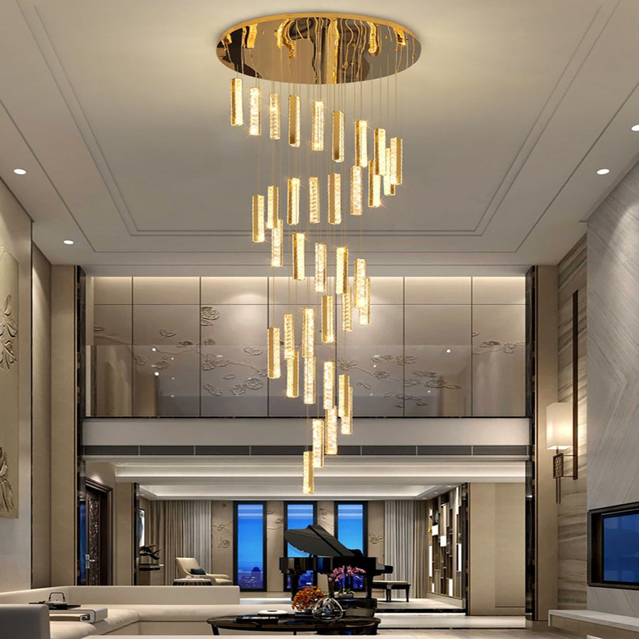 Tall Column Crystal Cable Chandelier for Stairwells