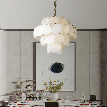 Tiered Alabaster Ring and Steel Chandelier