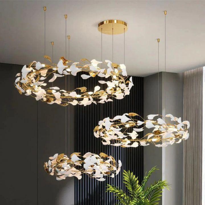 Tiered Copper Branch Ceramic Ginkgo Leaf Chandelier