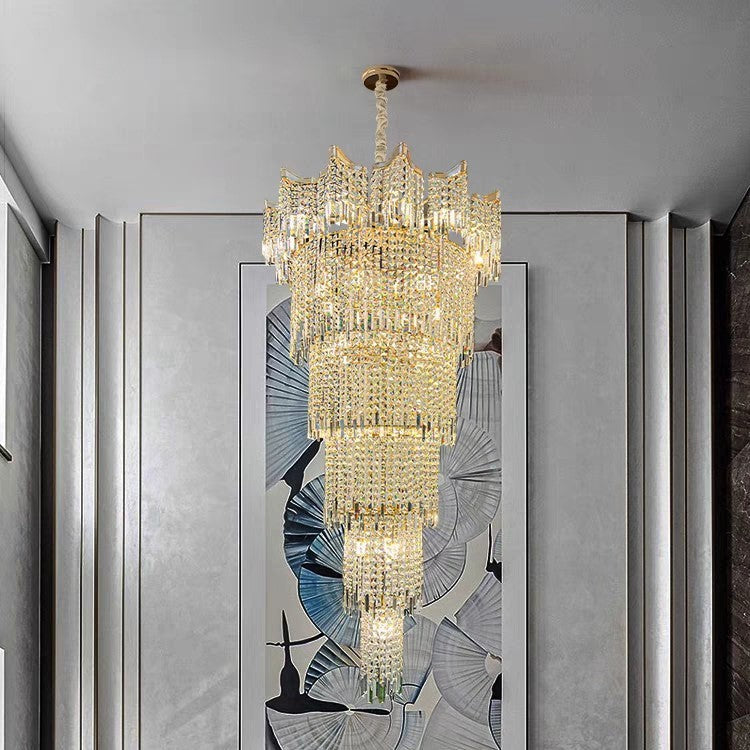 Tiered Crystal and Gold Wave Frame Chandelier