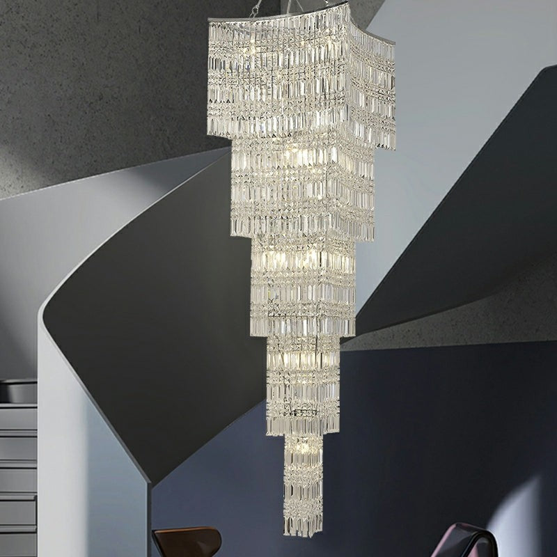 Tiered Crystal Column Chrome Chandelier