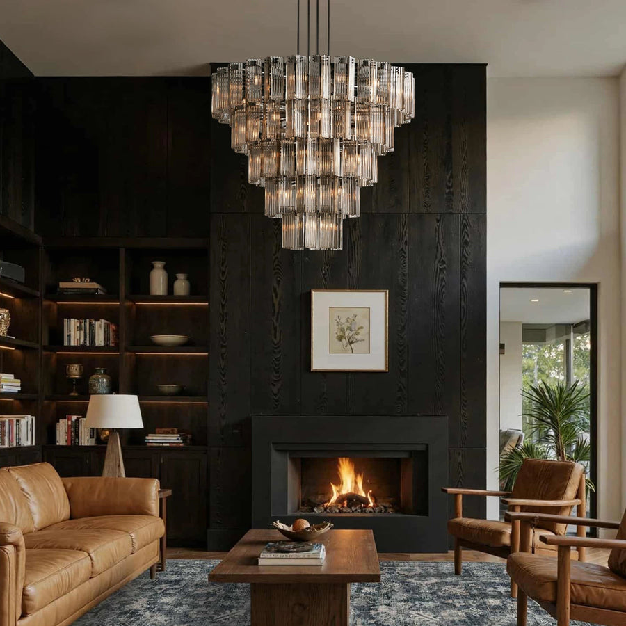 Tiered Reeded Glass Ring Chandelier in Brass
