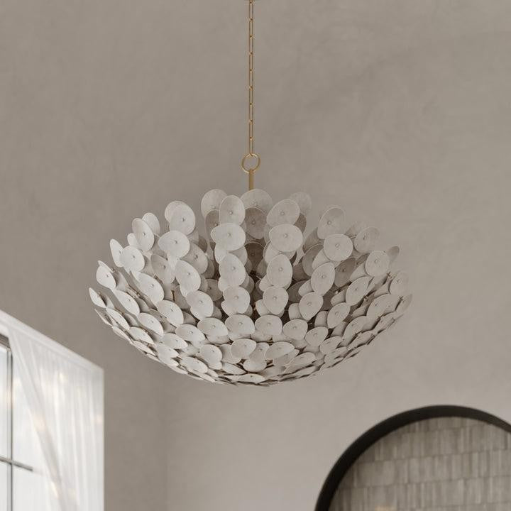 White-Washed Coco Shell Cluster Chandelier with Gold Leaf Frame