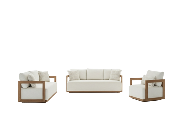 Modern Scandinavian Cream Sofa Set – Solid Wood Frame Sectional with Chaise & Armchair
