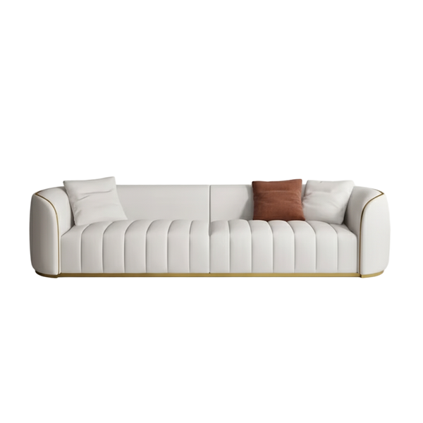 Modern White Channel Tufted Sofa – Contemporary Low-Profile Couch with Gold Accents