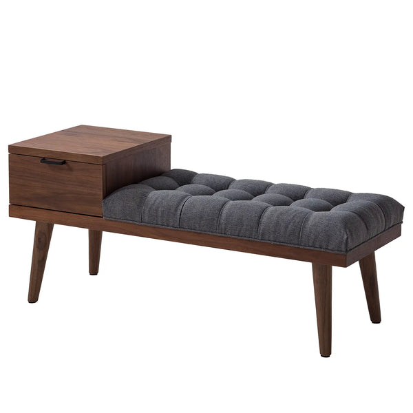 Banco de almacenamiento moderno de mediados de siglo: madera maciza con cojín capitoné color carbón y cajón lateral.