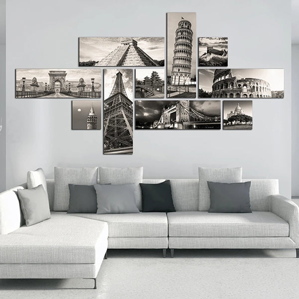 Conjunto de 11 piezas de arte mural de lugares emblemáticos del mundo: impresiones fotográficas arquitectónicas en blanco y negro