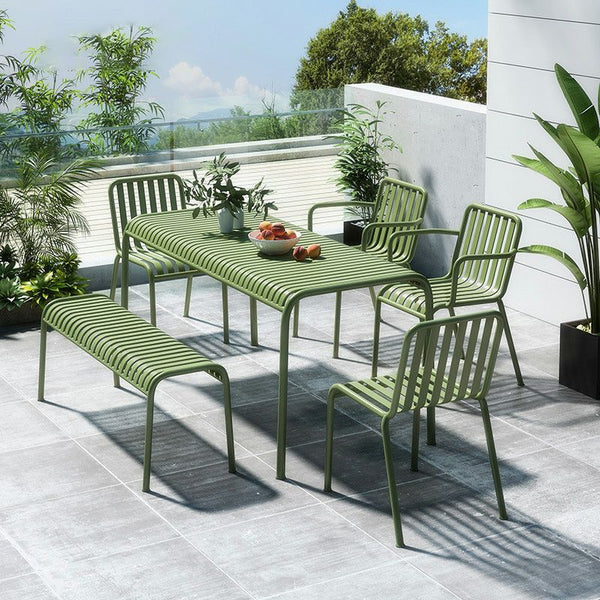 Mesa moderna de aluminio para exterior: diseño minimalista de listones de calidad comercial para patio y jardín.